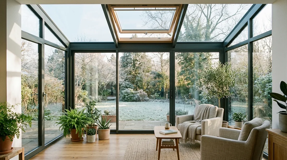 Wintergarten mit großen Glasflächen und einem Dachfenster darüber