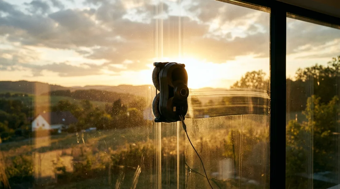Fensterputzroboter auf einer Scheibe, im Gegenlicht sind die abgefahrenen Bahnen erkennbar