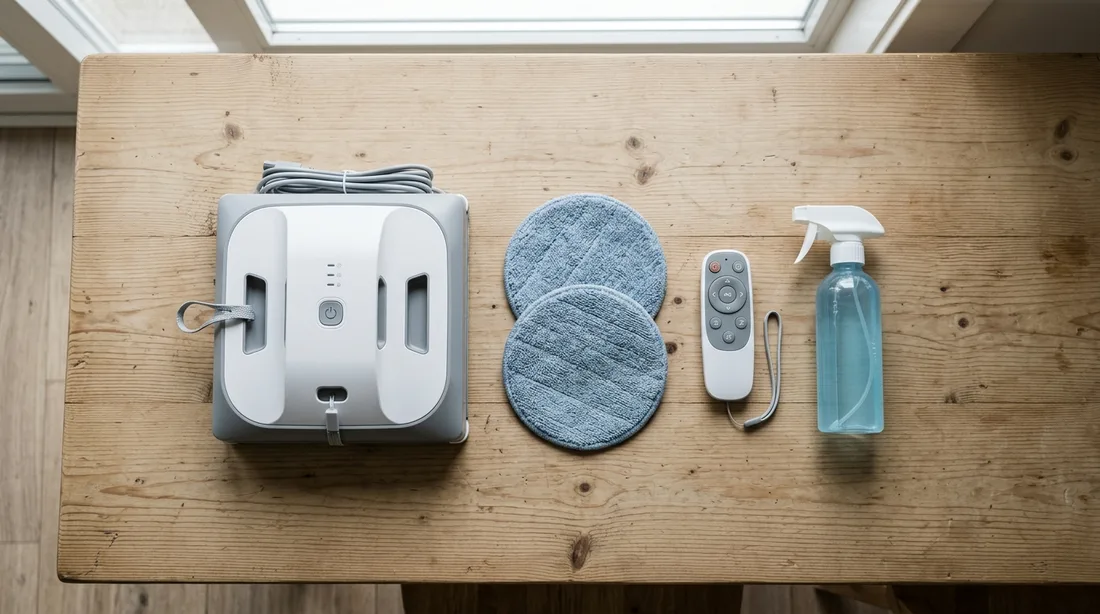Fensterputzroboter mit Zubehör, Mikrofaserpads und Fernbedienung auf einem Tisch