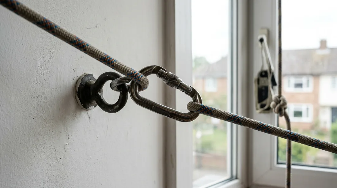 Sicherungsseil mit Karabinerhaken an einer Ringöse neben dem Fenster
